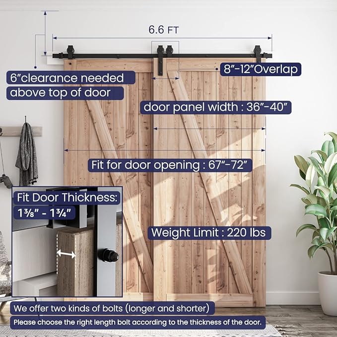SMARTSTANDARD 6.6 Feet Bypass Sliding Barn Door Hardware Kit - for Double Wooden Doors-Single Track - Smoothly & Quietly - Easy to Install-Fit 67" Opening