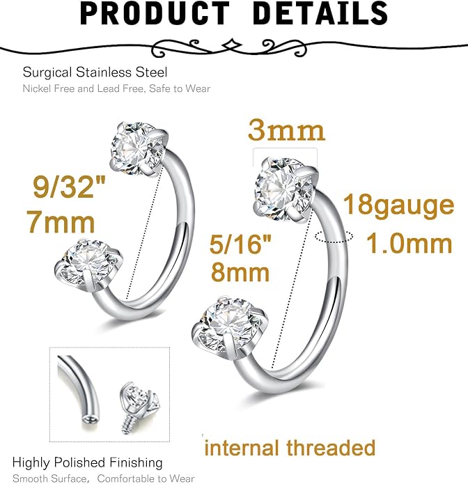 MODRSA 20g 16g 18g Piercing Taper Internal Threaded Piercing Taper Insertion Threader Tool Threadless Jewelry Changing Tool Horseshoe Nose Ring Labret Earring Studs Applicator Piercing Ball Grabber
