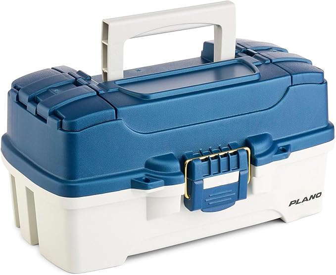 Plano One-Tray Tackle Box, Blue/White, Rust-Proof Brass Latch, Top-Access Tray with Deep Storage, Made in the USA, Portable Fishing Gear Storage Organizer