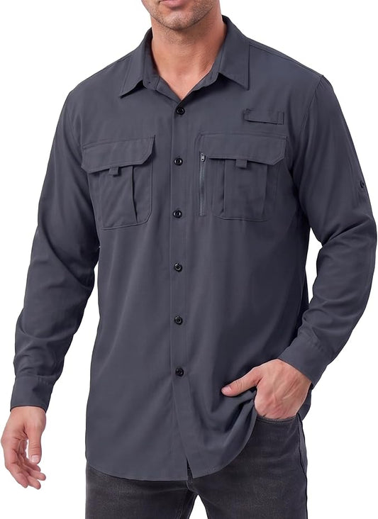 Men's Long Sleeve Fishing Shirts UPF 50+ Sun Protection Quick Dry Shirts Button Down Shirt for Hiking Camping