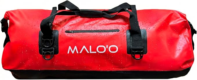 Malo’o Waterproof Dry Duffel, Heavy-Duty Roll Top Waterproof Gear Bag with Shoulder Strap & Molle Loops, Marine Duffel for Kayaking, Boating, Camping, Beach & Travel, Red, 100L