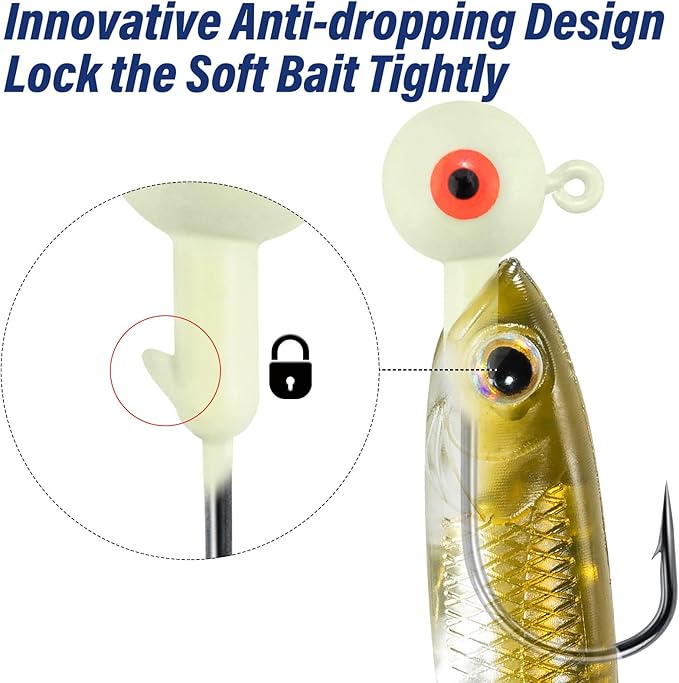 Alwonder 10-Pack Round Fishing Jig Heads, Bass Ball Jigs Hooks 3D Eyes High Carbon Steel 1/8-1/2OZ Pompano Jig Head Saltwater Freshwater Jigs Heads for Fishing Pompano Bass Trout Walleye Striper
