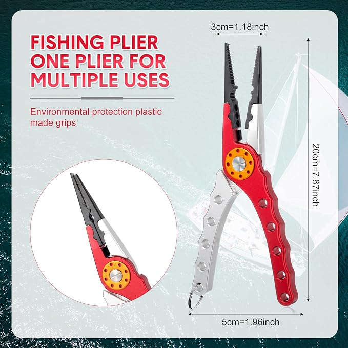Lasnten 2 Pcs Fishing Pliers Saltwater Braid Cutters 7.8'' Fishing Hook Remover Split Ring Fishing Tools with Sheath and Lanyard Gear Gifts for Fish Line Cutting Boat Fly Ice Fishing (Red, Silver)