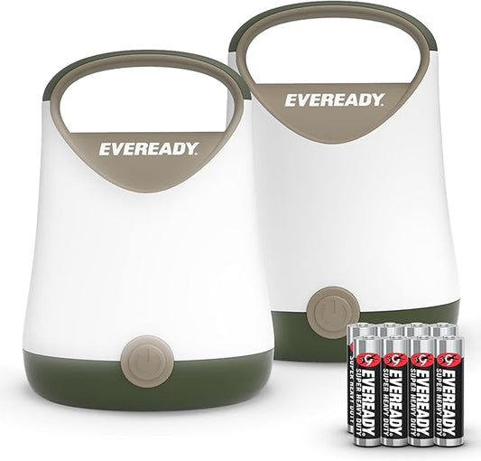 Eveready LED Camping Lantern X-250 (2-Pack), Super Bright Tent Lights, Rugged Water Resistant LED Lanterns, 100 Hour Run-time (Batteries Included), Green/Tan