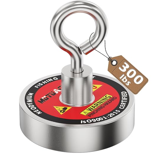 MUTUACTOR Super Strong Fishing Magnet,1.89” Neodymium Rare Earth Magnet Heavy Duty,300lbs Pulling Force Round Magnets with Lifting Eyebolt Hooks for Salvage,Recovery and Retrieval