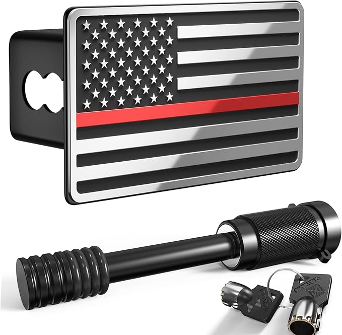 Heavy American Flag Metal Trailer Hitch Cover for 2" inch Receivers,Tow Hitch Covers 2 Inch for Truck Accessories (with 5/8-Inch Pin Diameter Trailer Hitch Lock, Chrome&Thin Red Line)