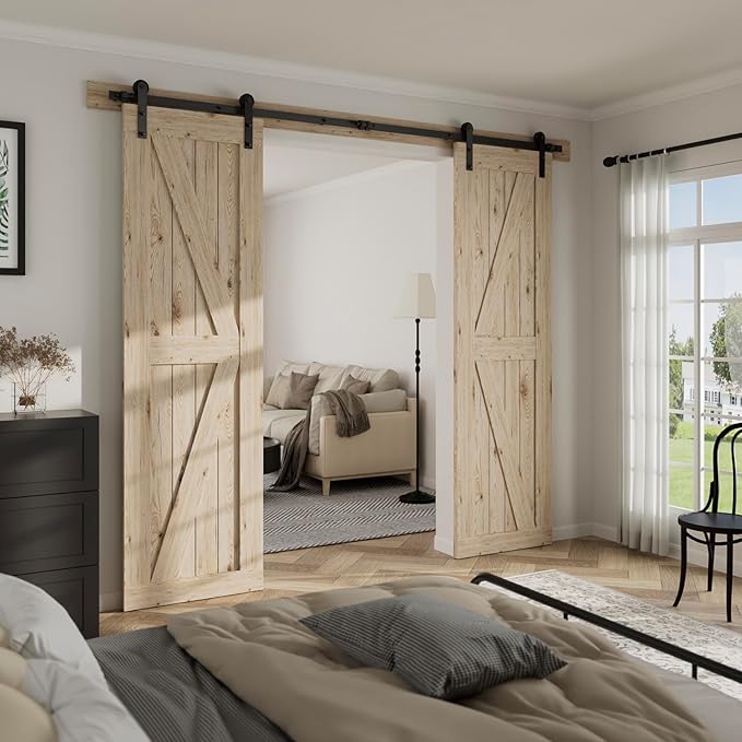 CCJH 6FT Sliding Barn Door Hardware Kit, Heavy Duty, Smoothly and Silently, Easy to Install, Fit 18" Width Double Door Panel, I Shaped Hangers Black