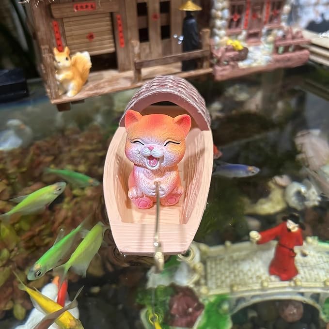 Floating Aquarium Decor, Resin Fishing Cat Fish Tank Decorations, Floating Boat Fish Tank Landscape Decoration, Cute Little Cat Aquarium Decoration for Betta,Guppy and Shrimp, 1 Piece