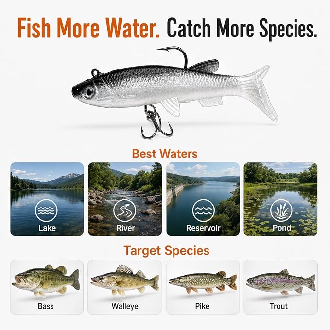 Soft Fishing Lure Kit for Bass/Trout/Pike/Salmon, 4Pcs Fishing Gear for Individually Packaged Baits with Gift Box