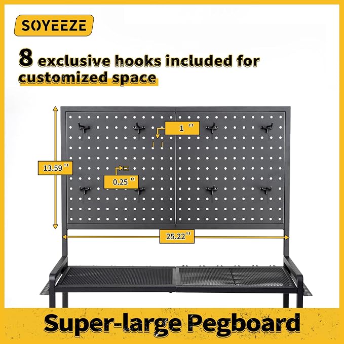 SOYEEZE Large Size Fishing Rod Holders for Garage, 3-Tier Fishing Pole Rack with Pegboard and Hooks, Fishing Gear Tackle Box Organizer Up to 12 Rods, Rolling Fishing Storage Cart with Lockable Wheels