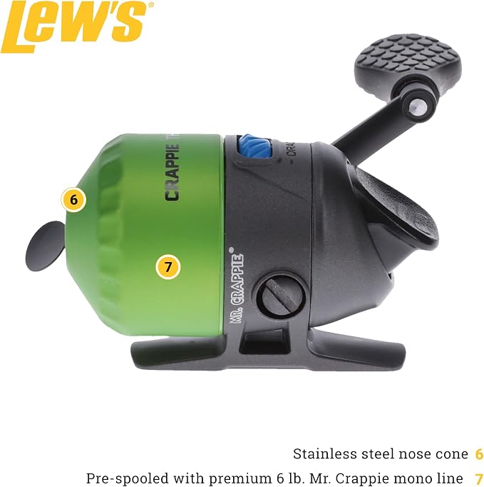 Lew's Crappie Thunder Spincast Fishing Reel, 4.3:1 Gear Ratio, Right or Left-Hand Retrieve, Crappie Thunder Green