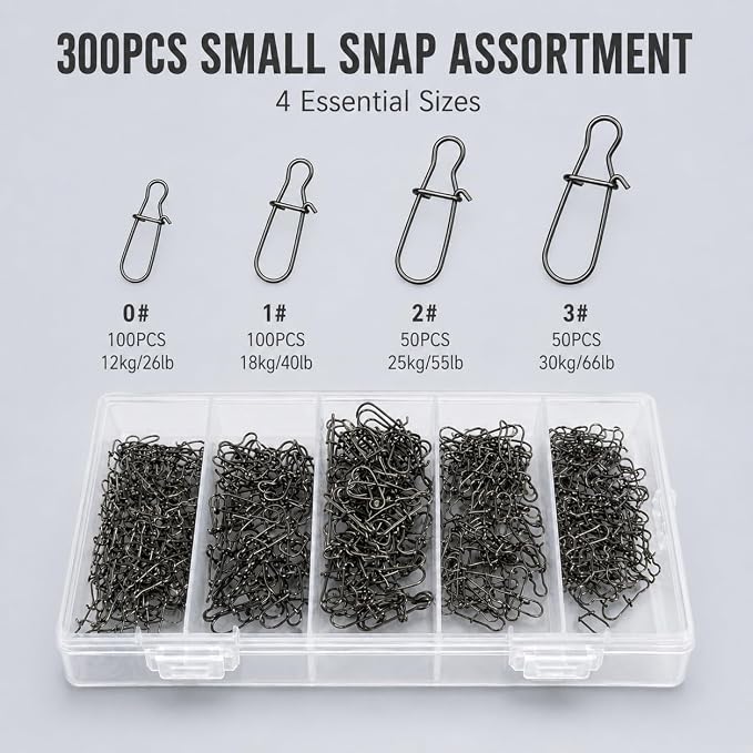 300Pcs Small Duo Lock Fishing Snaps, Stainless Steel Speed Clips for Lures, Quick Change Fishing Lure Connectors for Freshwater Saltwater, Sizes 0# 1# 2# 3#