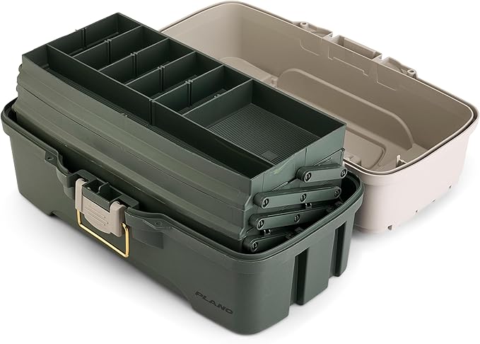Plano Three-Tray Tackle Box, Green/Tan, Rust-Proof Brass Latch, Top-Access Tray with Deep Storage, Made in the USA, Portable Fishing Gear Storage Organizer