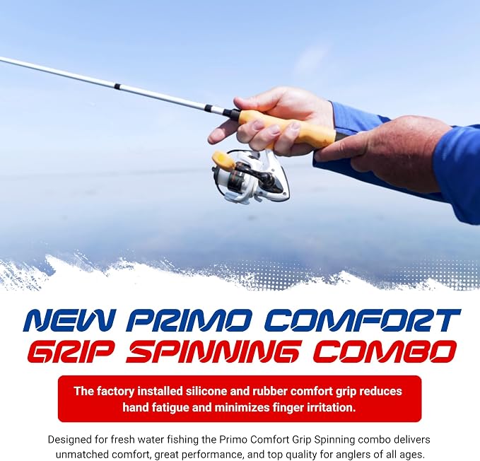 Ardent Primo Comfort Grip Fishing Rod and Reel Combo, Yellow, 5.1:1 Gear Ratio and 4+1 Ball Bearings, 2000 Size Reels, Reduce Hand Fatigue and Irritation, Spinning Pole for Freshwater Fish