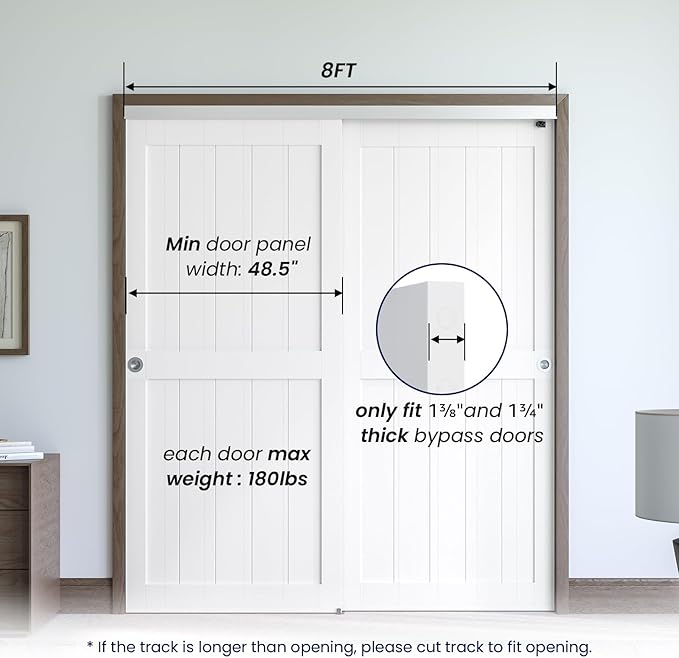 SMARTSTANDARD 96"/8FT Bypass Sliding Door Hardware Kit for Cabinet Closet, Aluminum Alloy Door Hardware with Finger Pull, for 2 Door System, Smoothly and Quietly, Fit 45.5" Wide Door Panel, No Door
