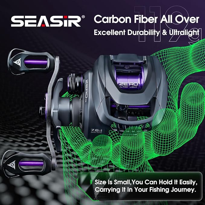 SEASIR Zero119 Ultralight Baitcasting Reel 4.2oz, BFS Fishing Baitcaster Reel, Double Spool, Freshwater Casting, Max Drag 9LB, 8+1 BB, 7.6:1 Ratio, Carbon Fiber Washer, Black & Purple