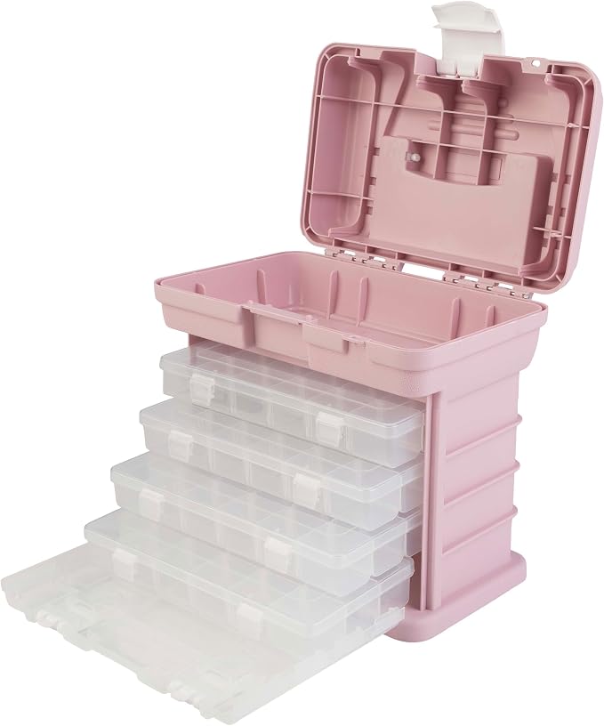 Portable Tool Box - Small Parts Organizer with Drawers and Customizable Compartments for Hardware, Fishing Tackle, Beads, or Crafts by Stalwart (Pink)