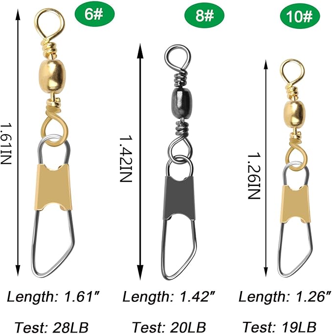 AGOOL Barrel Swivel Snap Kit - 50pcs Barrel Swivels with Safety Snaps High Strength Fishing Quick Connect Snap Swivels with Solid Ring Fishing Tackle Accessories Box Kit Size 4#,6#,8#,10#,12#,14#