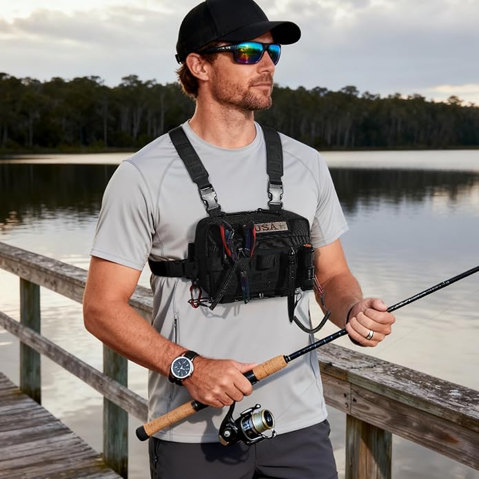 Outdoor Chest Bag for Men, Water-Resistant Fishing Chest Pack, Tactical Vest for Running, Cycling, Hiking
