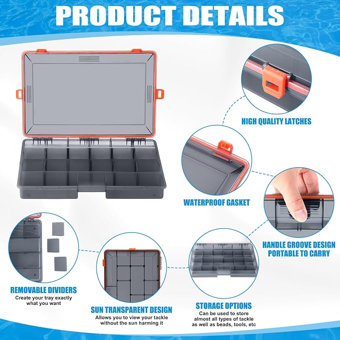 Wonderjune 6 Pack Fishing Tackle Boxes Waterproof 3600 and 3700 Tackle Trays with Removable Dividers Plastic Storage Organizer Bait Vault Camouflage Box for Freshwater Saltwater (Orange,3700)