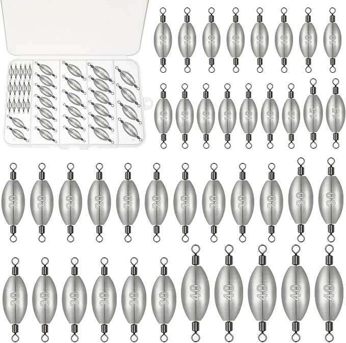 Inline Trolling Weights with Swivel, Fishing Sinkers for Catfish Bass Saltwater Freshwater, Anti-Twist Smooth Rolling Egg Sinker Design, Assorted Sizes Fishing Weights Kit