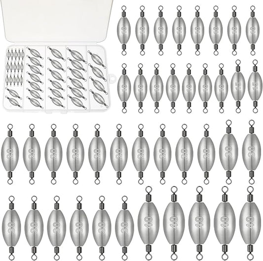 Inline Trolling Weights with Swivel, Fishing Sinkers for Catfish Bass Saltwater Freshwater, Anti-Twist Smooth Rolling Egg Sinker Design, Assorted Sizes Fishing Weights Kit