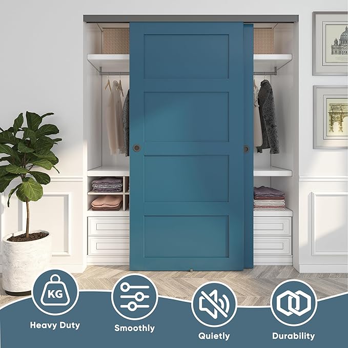 JUBEST 6FT Heavy Duty Bypass Door Hardware with Finger Pulls,Sturdy Aluminum Sliding Closet Door Track for 2 door System,Quietly and Smoothly,Fit Door Thickness 1 3/8" or 1 3/4",Easy to Install, Black