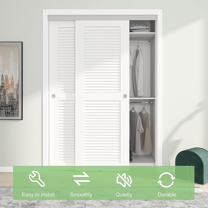 5FT/60(Double 2.5FT) Bypass Door Hardware, Aluminum Double-Closing Sliding Closet Door Hardware with Finger Pull Included, Smoothly and Quietly, Fit Door Thickness 1 3/8" or 1 3/4", Silver
