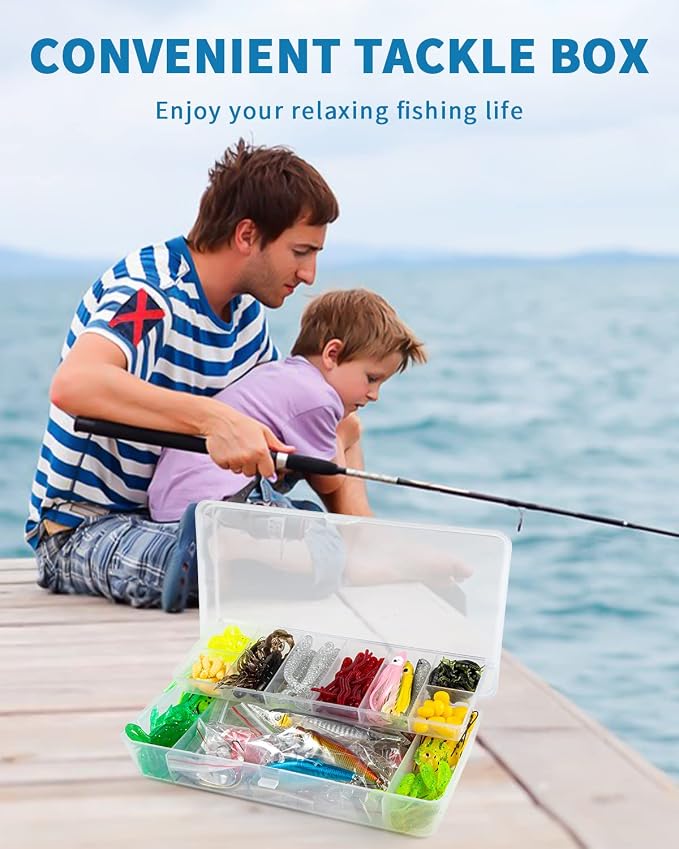 GOANDO Fishing Lures Kit for Freshwater Bait Tackle Kit for Bass Trout Salmon Fishing Accessories Tackle Box Including Spoon Lures Soft Plastic Worms Fishing Gifts
