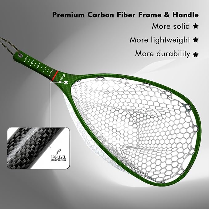 Riverruns Fly Fishing Landing Net Carbon Fiber Trout Net with Measurement Handle, Soft Rubber Mesh - 26" Standard (Wading) / 37" Long (Kayak)