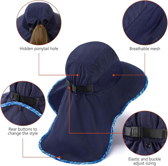 BASSDASH UPF 50+ Unisex Water Resistant Wide Brim Sun Hat with Large Neck Flap Ponytail Fishing Hat for Men Women