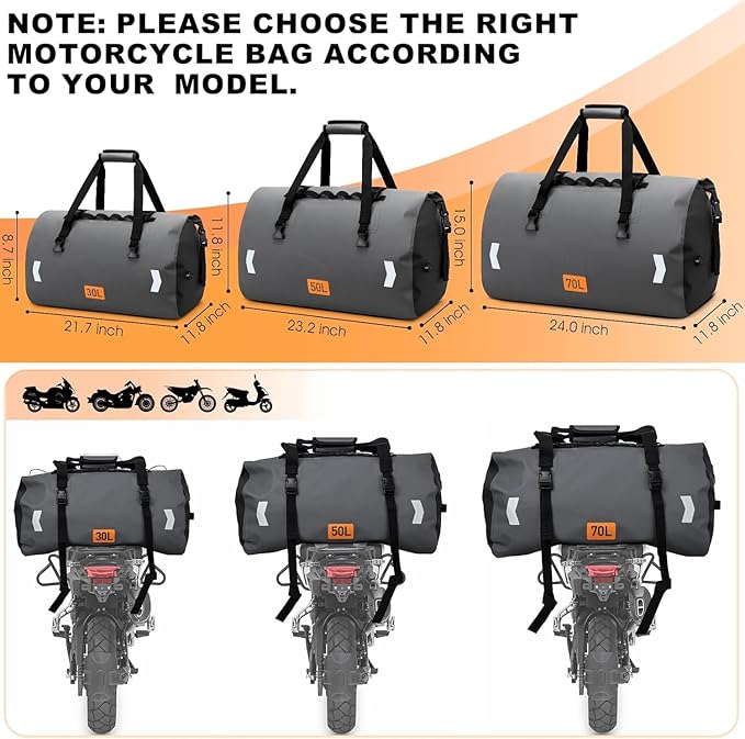 OCKLILY Waterproof Dry Bag, 70L Roll-top Motorcycle Tail Bag with Air Valve & Quick-fixed Straps, Travel Duffle Bags for Kayaking Paddle Boarding Rafting Boating Camping Riding Fishing - Grey