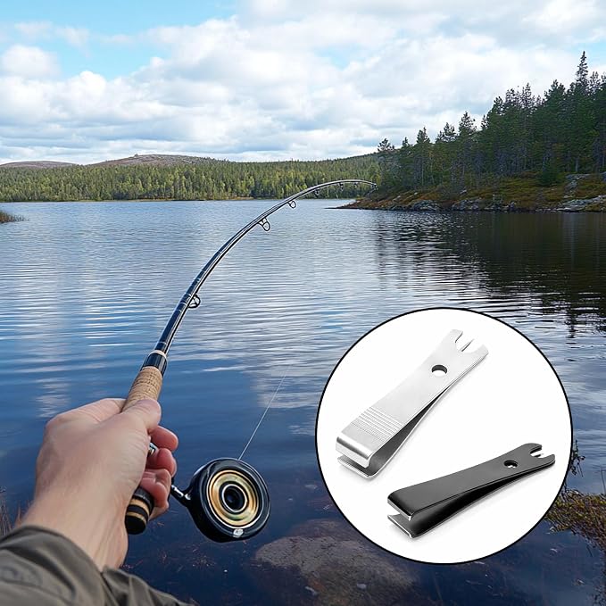 2Pcs Black Silver Stainless Steel Fishing Line Cutter Nipper with Hook Eye Cleaner Pin, Multi Functional Fly Fishing Tool, Compact Fishing Line Scissors (51 * 11.5mm)