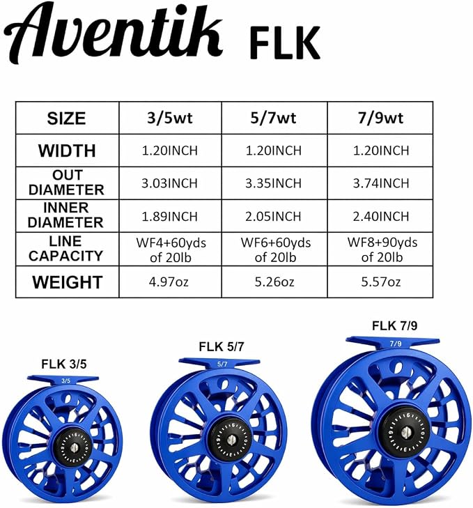 Aventik FLK Fly Fishing Reel Aluminum Trout 3/5, 5/7, 7/9wt Large Arbor Freshwater Fly Reel