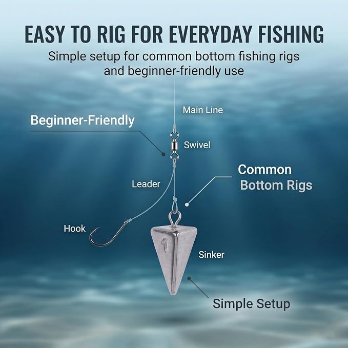 12Pcs Pyramid Sinkers 5 Sizes (1oz–5oz),Surf Fishing Gear – Anti Roll Durable Lead Weights for Freshwater and Saltwater Fishing Weights,for Catfish Rigs, Pompano Rigs, Bottom Fishing