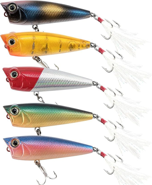 Alwonder 5-Pack Fishing Popper Lure, Fishing Top Water Lures Bass Lures Feathered Treble Hooks Rooster Tail Lure Plugs Hard Baits
