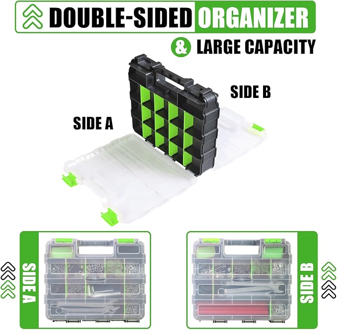 Tool Box with Transparent Lid, Double Side 34-Compartments Organizer Box with Removable Dividers for Hardware, Screws, Bolts, Nails, Beads, Jewelry and Fishing Accessories, Green, 2 Packs
