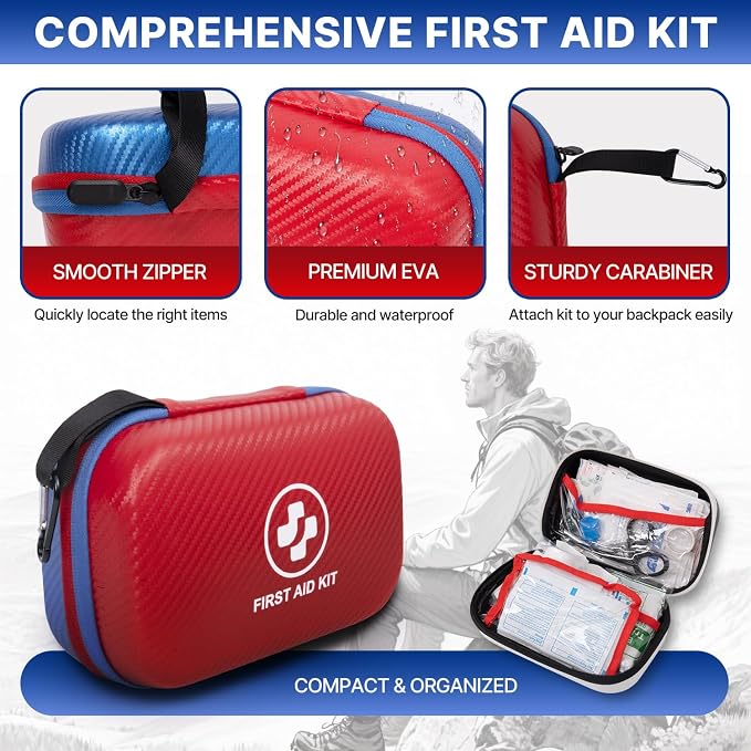 315 Piece Emergency Kit – Waterproof Hard Shell EVA First Aid Kit for Home, Car, Camping, Hiking, Travel, Office & Outdoor Emergencies(Red/Blue)