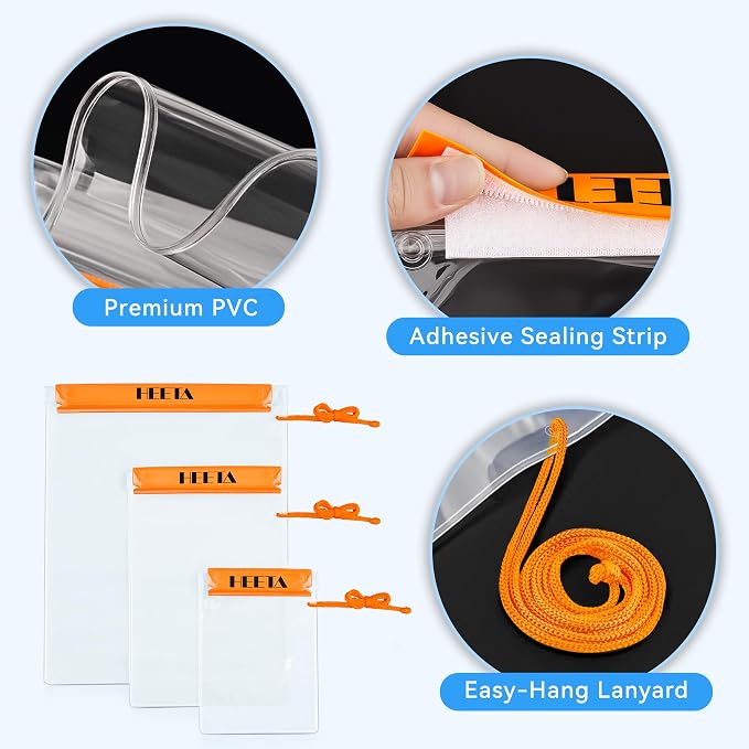 HEETA 5-Pack Clear Waterproof Dry Bag Pouch, Water Tight Cases Dry Bags Document Holder for Camera Mobile Phone Maps, Kayaking Boating