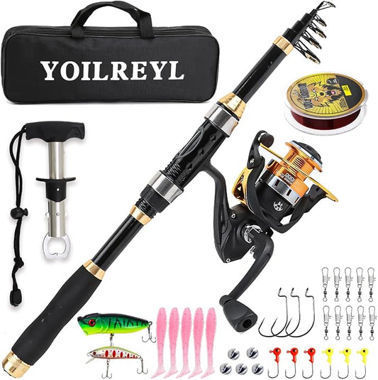 Yoilrey Fishing Rod and Reel Combo – 5.9ft Telescopic Fishing Pole Starter Kit with Spinning Reel, Fishing Line, Lure Box & Tackle Bag for Travel