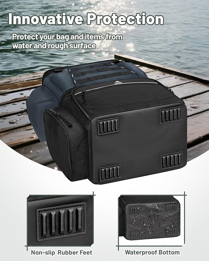 MATEIN Fishing Backpack with 4 Tackle Boxes, Fishing Bag with Rod Holder & Safety Compass & Cooler, Gifts for Fishermen