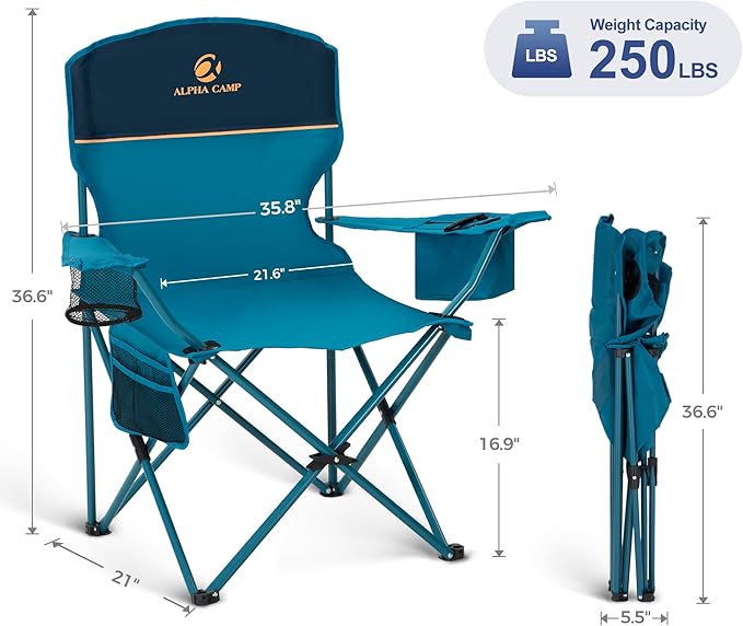LET'S CAMP Camping Chair 2 Pack Folding Chair with 4-Can Cooler Bag Portable Lawn Chair with Cup Holder,Storage Pocket, Supports 250LBS, Collapsible Chair for Camp, Beach, Picnic (Blue)
