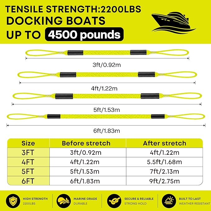 Boat Bungee Dock Lines, Scratch-Free Loop Ends Mooring Rope, Shock Absorbing Pontoon Tie Down Accessories Compatible with Models for Jet Ski（5ft-2 Pack-Yellow）