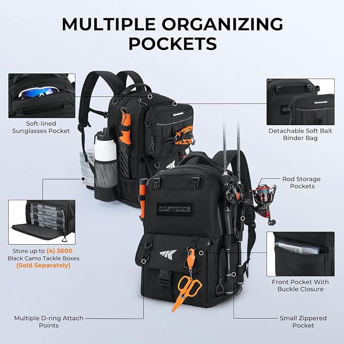 KastKing BaitSpace Fishing Tackle Backpack with Removable Bait Binder,2 Rod Holders Storage Fishing Gear and Equipment