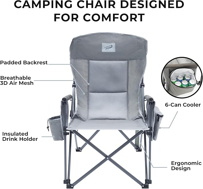 Camphor Designs Heavy Duty Portable Folding Camping Chair for Adults with Comfy Padded Backrest | for Outdoor & Sports, Backpacking, Beach, Lawn, Hunting, Tailgating, Fishing | Supports 400 Lbs
