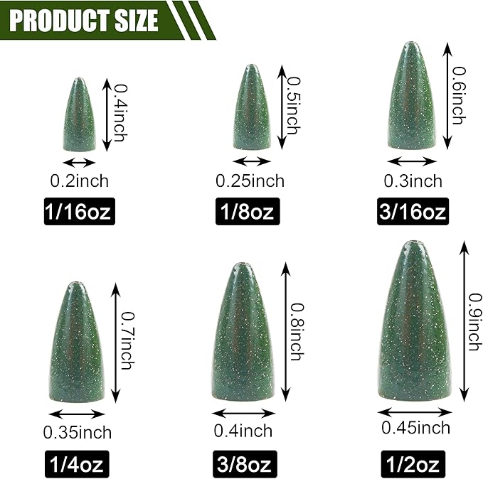 30Pcs Bullet Fishing Worm Slip Sinkers Weights - Texas Rig and Carolina Rig Weights for Bass Fishing Size 1/2oz 3/8oz 1/4oz 3/16oz 1/8oz 1/16oz