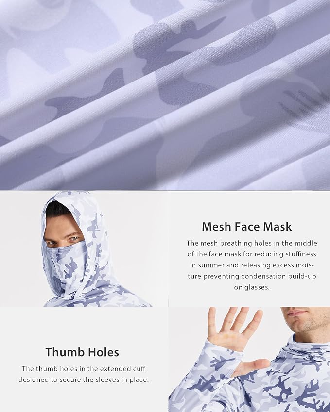 FISHEAL Men's Performance Fishing Hoodie Shirt - UPF 50+ Sun Protection Long Sleeve Thumbholes Shirts with Neck Gaiter
