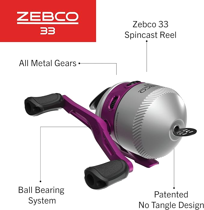 Zebco 33 Spincast Fishing Reel, Size 30 Reel, Right or Left-Hand Retrieve, Built-in Bite Alert, Durable All-Metal Gears, Silver/Pink (Clam Packaging)