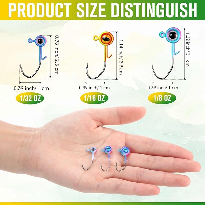 Vinsot Crappie Jig Heads 1/4oz 1/8oz 3/8oz 1/16oz 1/32oz Fishing Jig Hooks Simulation Fish Eye Ball Hook Bulk for Crappie Bass Trout Lures Gift