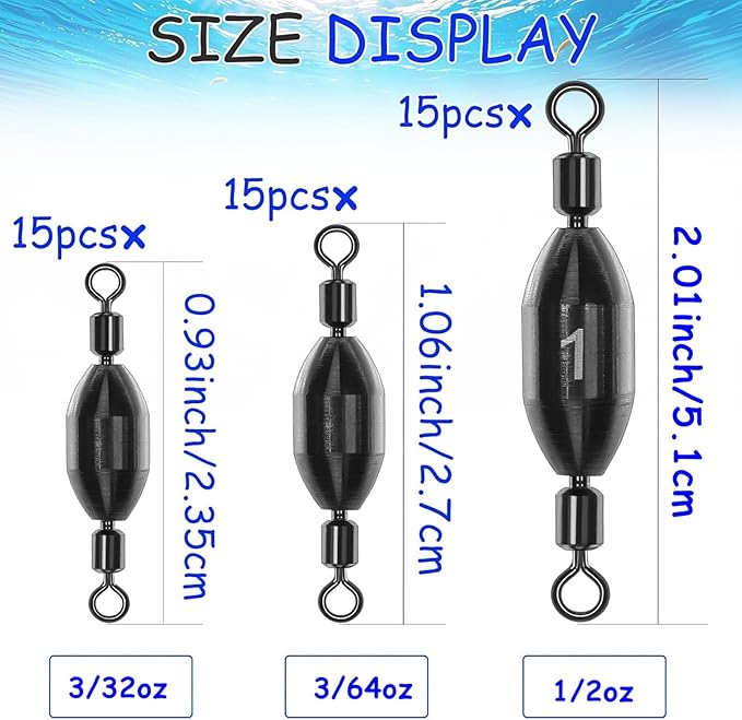 15Pcs Fishing Weights Swivel Bullet Sinkers Brass Fishing Weights Saltwater Freshwater Bass Sinker Fishing Weights with Swivel Rolling
